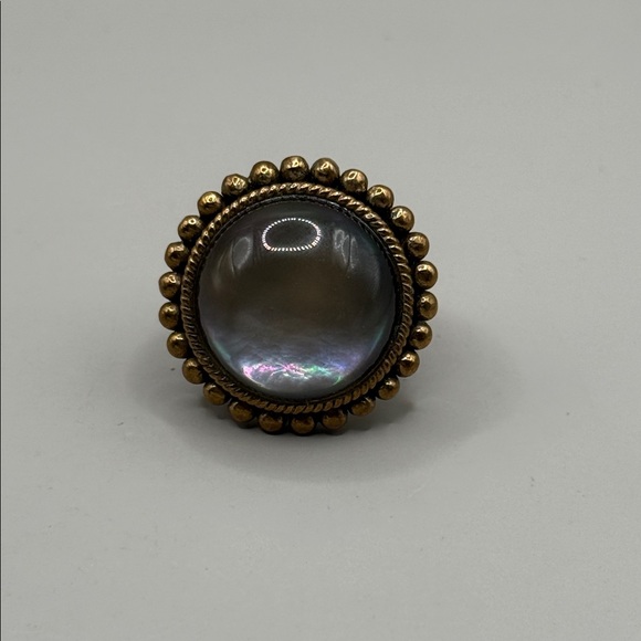 Vintage Stephen Dweck Brass Abalone Rock Crystal Large Cocktail Ring Size 8 - Picture 2 of 5
